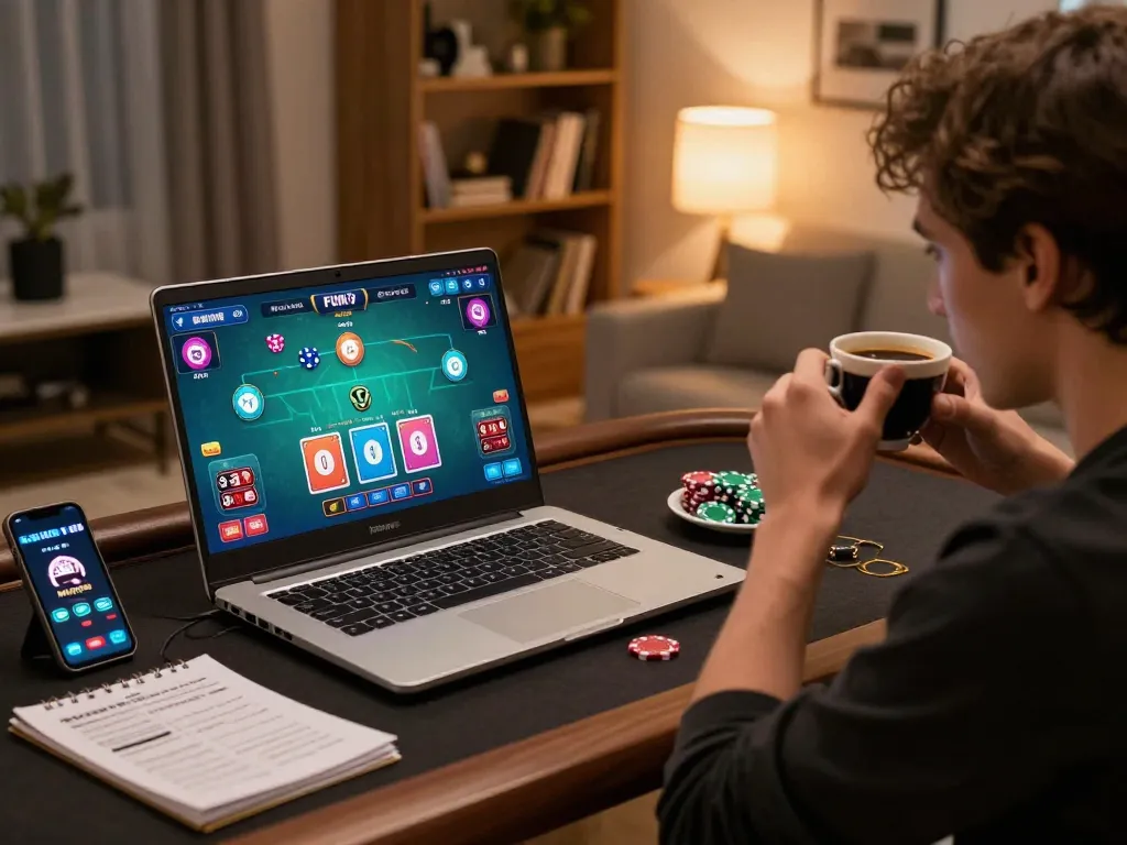Player engaging with FUN79 com on laptop during a home gaming session, blending strategy with comfort