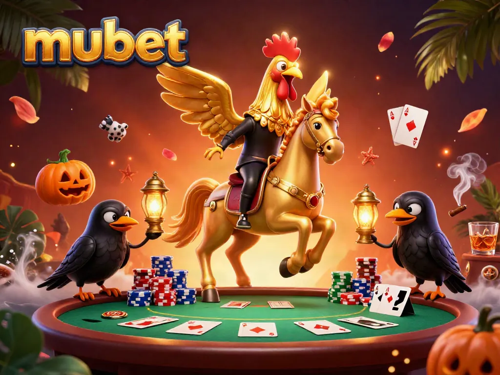 Experience the vibrant casino world with mubet featuring a golden rooster on a spectral horse and pumpkin-headed crows.
