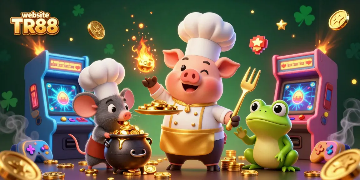 Experience the excitement of winning at the website TR88 with a lively 3D casino scene featuring gourmet gold coin dishes.