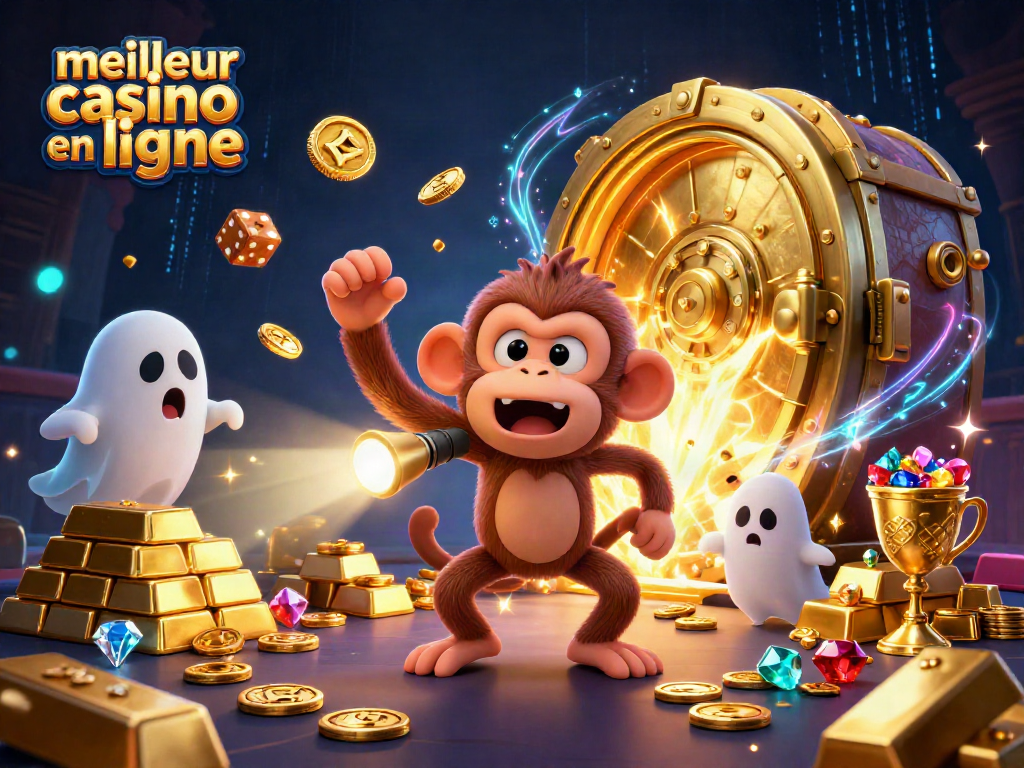 Découvrez le meilleur casino en ligne avec un poltergeist singe et un chiot chasseur de fantômes dans une scène animée.