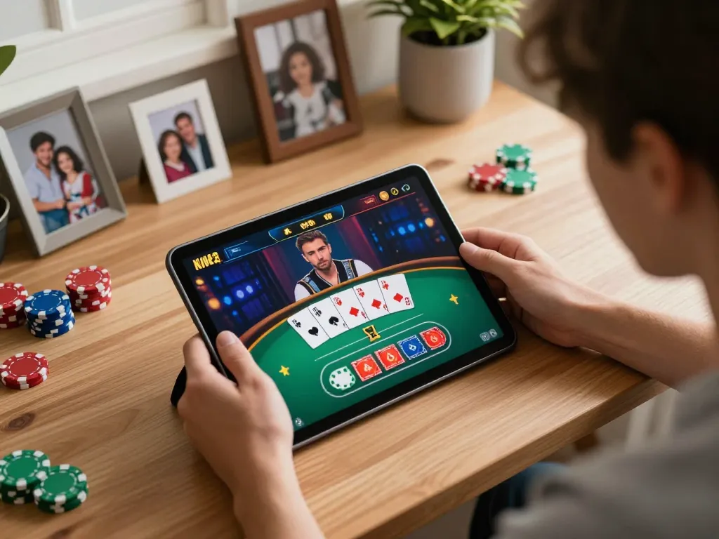 A player enjoying an online poker game at tr88 on a tablet in a cozy home setting.