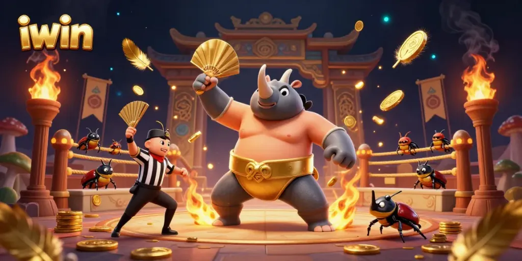 Experience thrilling gameplay action with iwin as a sumo beetle champion amidst flying coins