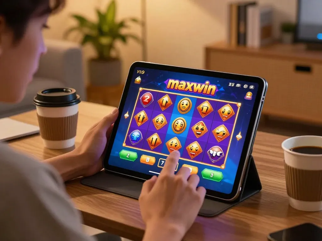 Player engaging with slot gacor maxwin gameplay on tablet in warm home environment