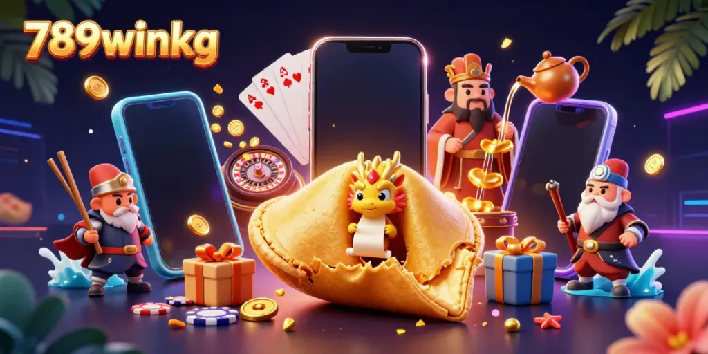 Experience the vibrant gaming world of 789winkg with a golden fortune cookie and animated characters.