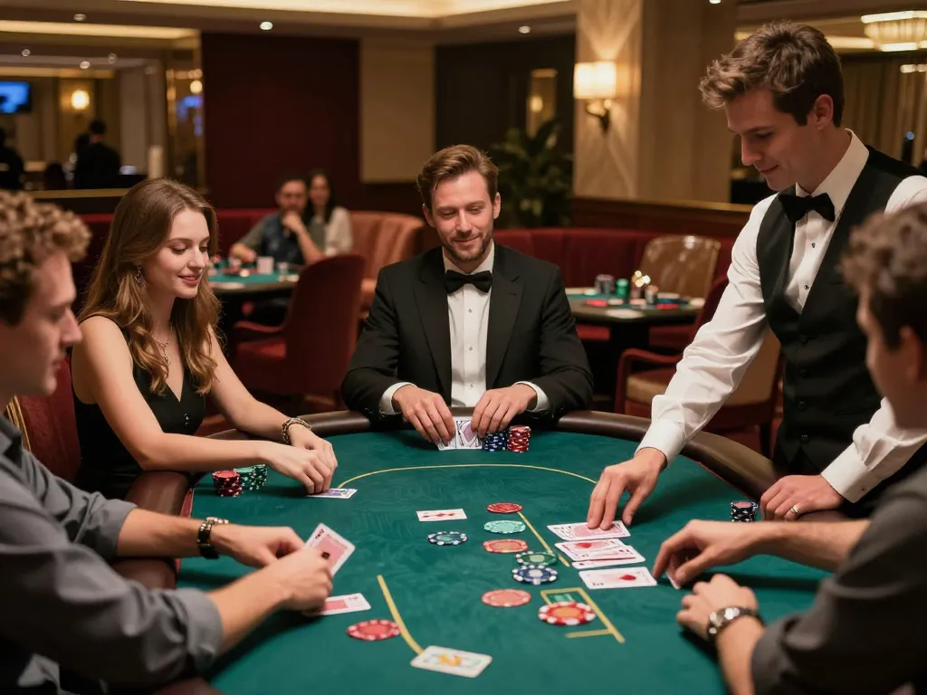 cm88 players enjoying a high-stakes poker game in an upscale casino environment