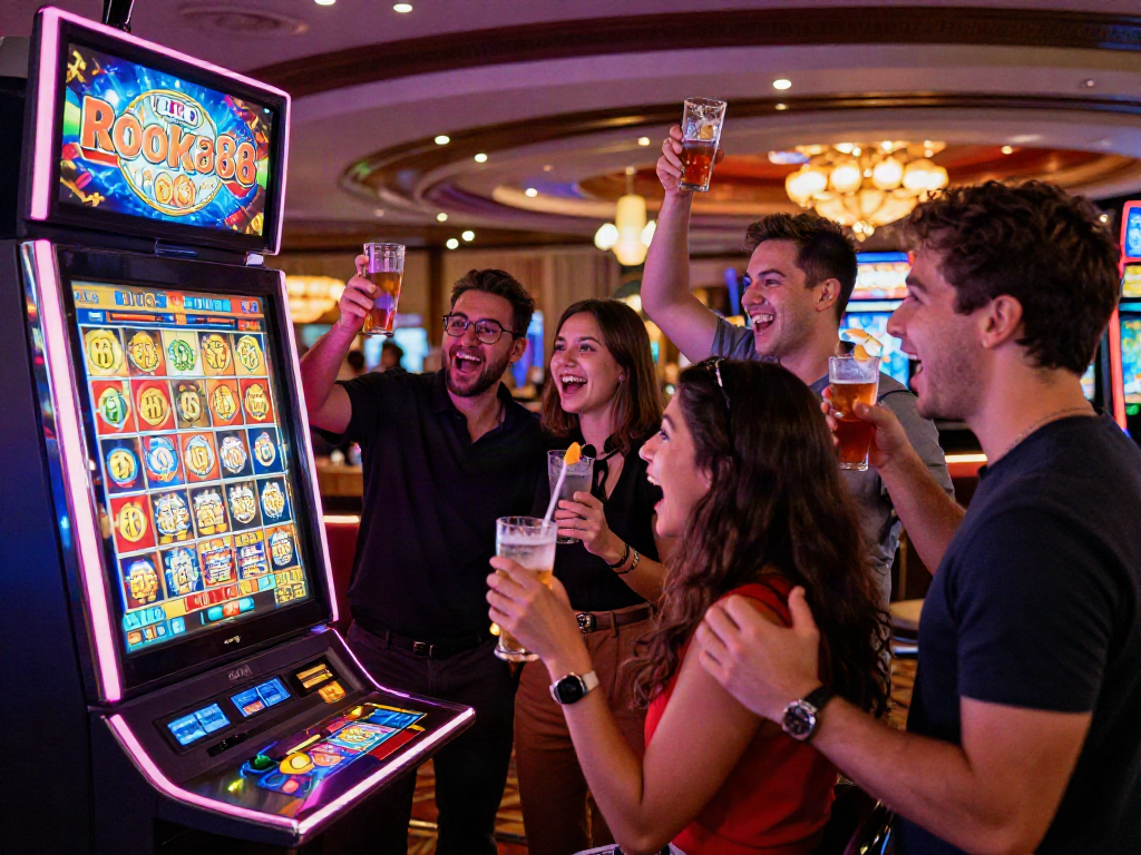 Friends enjoying a thrilling moment next to a rokok88 slot machine, celebrating in a vibrant casino atmosphere.