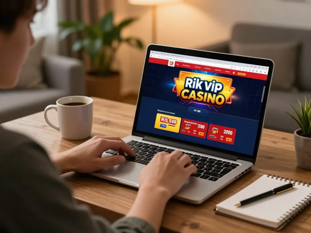 Player engaging with rik vip online casino from a cozy home setup, showcasing gameplay and strategy notes.