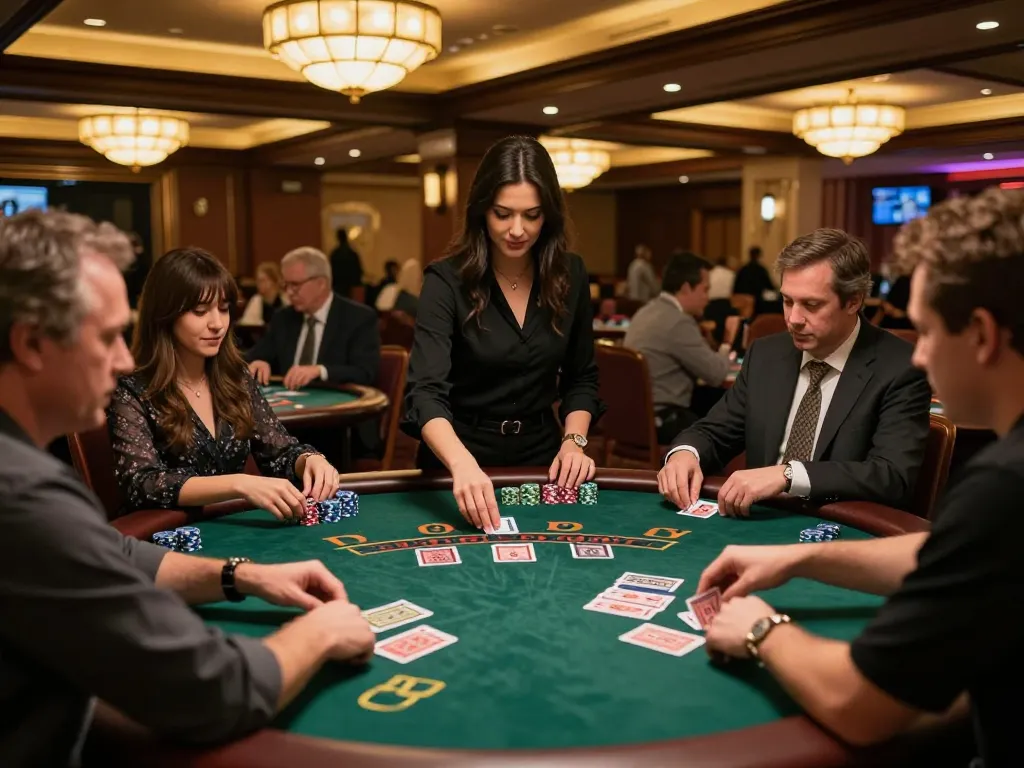 Players enjoy a thrilling game of blackjack at FLY88 casino, engaging with the dealer
