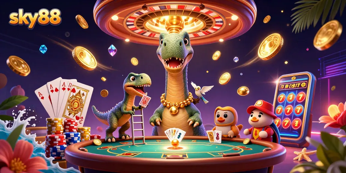Engage with sky88 casino thrills amidst cartoon dinosaurs and dazzling gaming visuals.