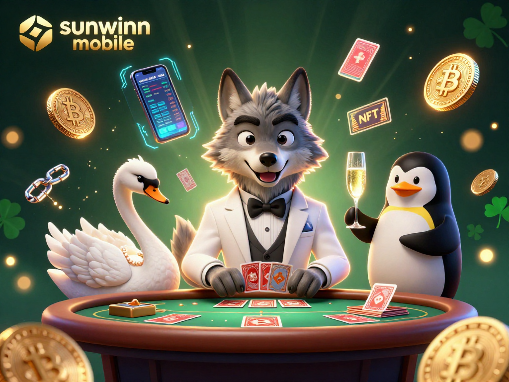 Experience sunwinn mobile gaming with a dynamic casino scene featuring a wolf, swan, and penguin.
