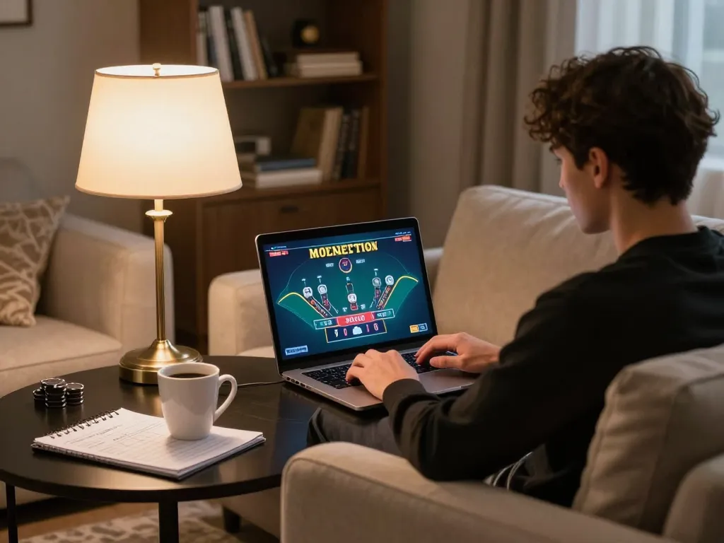 Engaging in rik vip online blackjack from a cozy home setting with strategic notes and laptop.