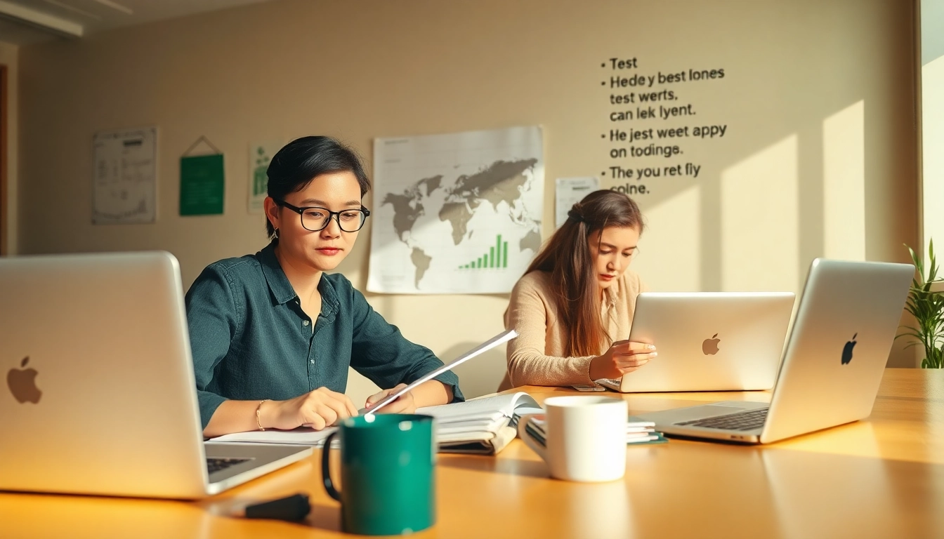 TOEFL test takers for hire engaged in serious study session at their desks.