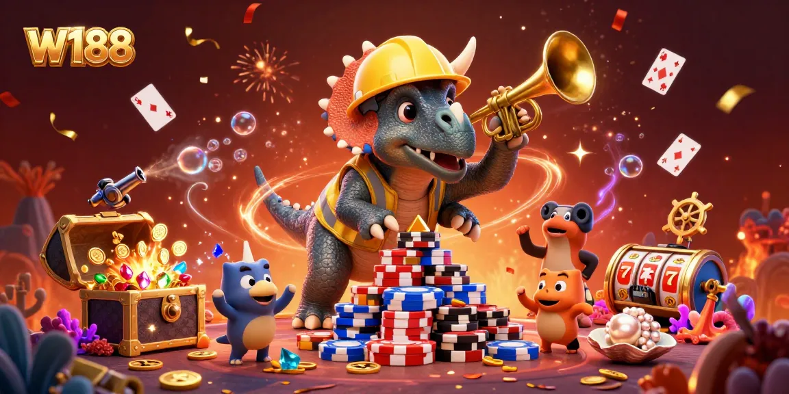 W188 showcases a vibrant scene of a triceratops building poker chip pyramids in a casino setting.