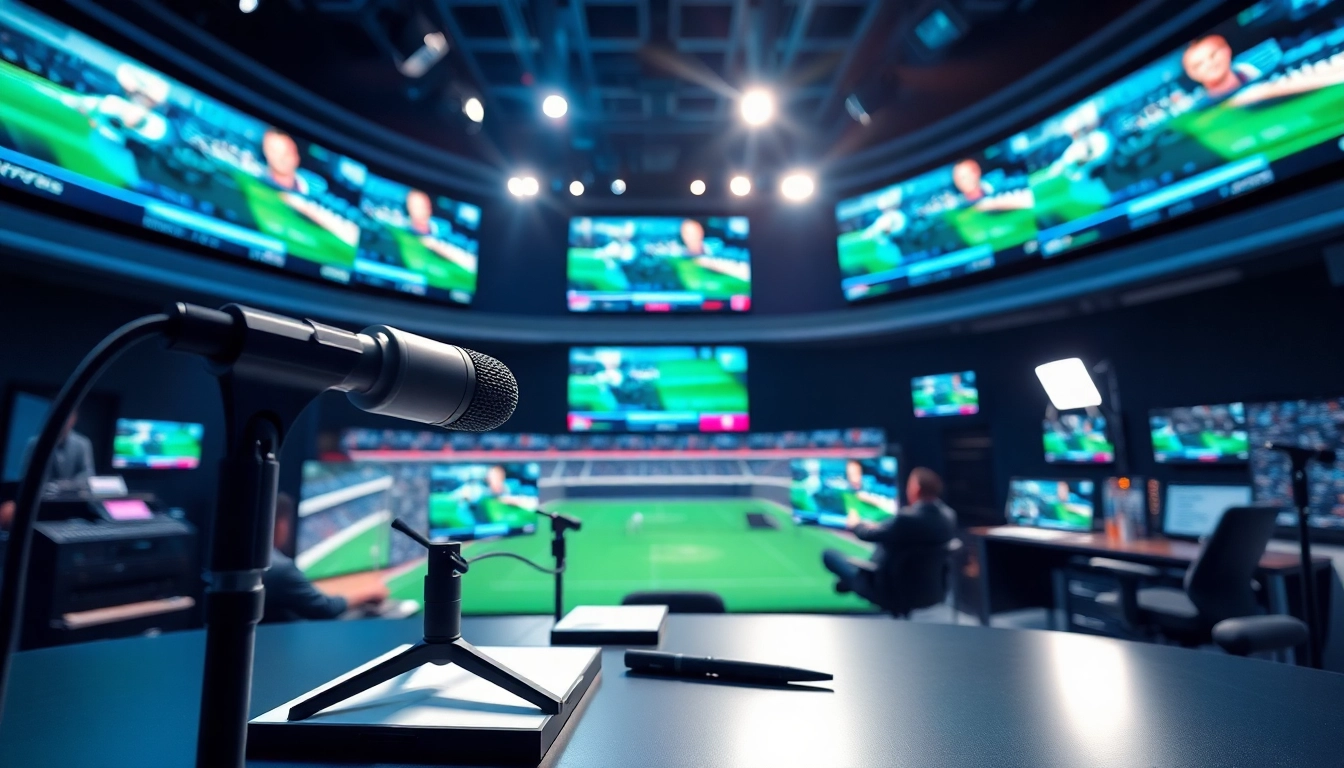 Sports Broadcasting in a vibrant studio featuring equipment and live sports screens.