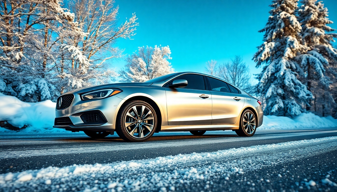 PPF winter road salt protection on a car in a winter landscape, showcasing gleam and durability.
