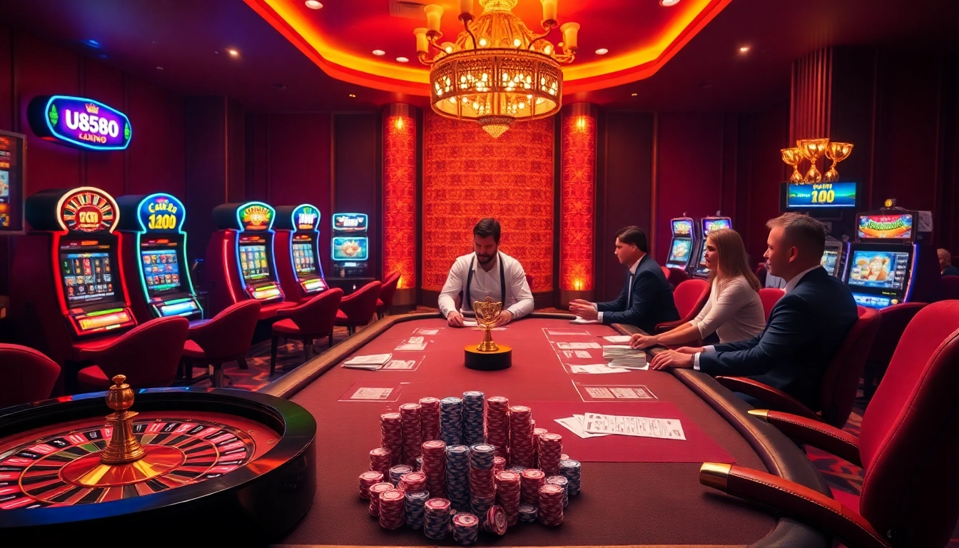Exciting scene of U88 players engaging in high-stakes poker with vibrant casino elements.