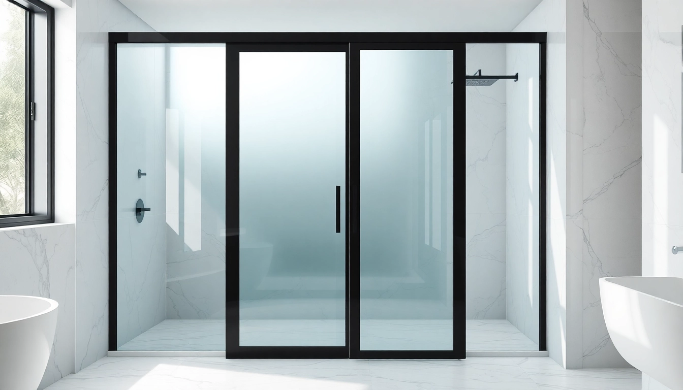 Elegant black shower sliding door framed by modern bathroom decor, showcasing sleek design and luxurious details.