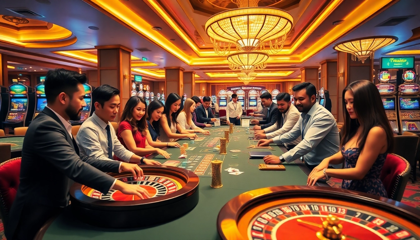 A lively casino scene showcasing players enjoying games at tg88pro.com, featuring roulette, poker, and vibrant slot machines.