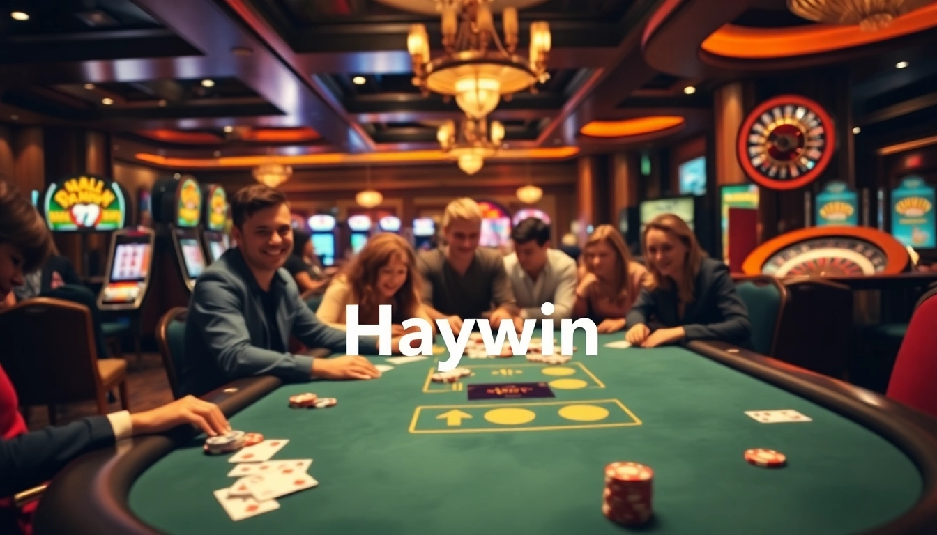 Players enjoying thrilling games at Haywin casino, surrounded by vibrant poker tables and slot machines.