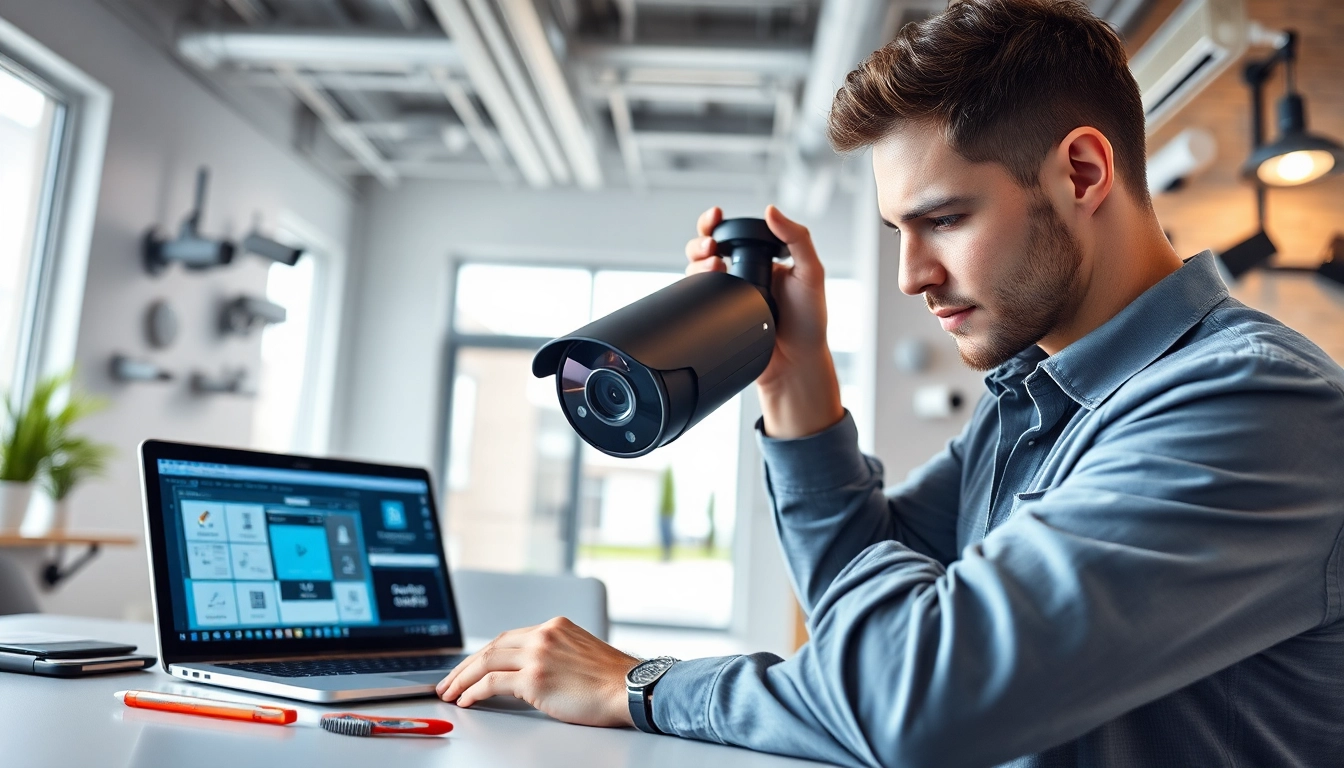 Soporte técnico en cámaras de seguridad: Técnico profesional instalando cámaras de alta tecnología en una oficina.