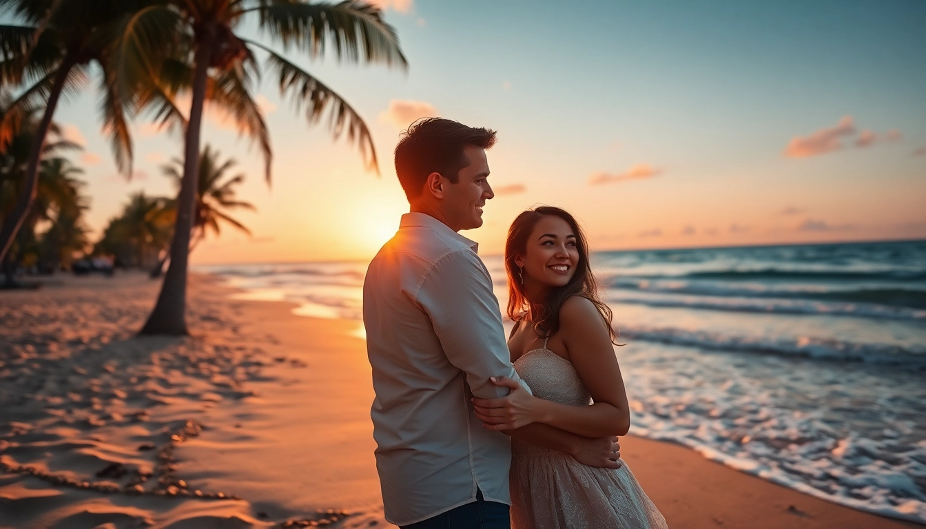 Destination photographer captures a couple on a tropical beach at sunset, showcasing romance.