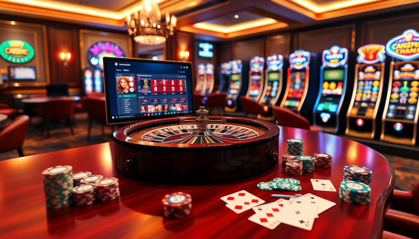 A luxurious online casino experience featuring a roulette wheel and the interface of https://okfun.ac/ displayed on a sleek screen.
