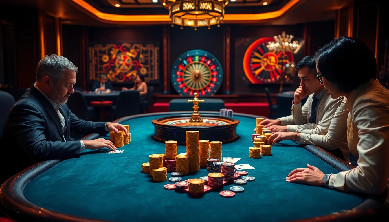 Engage in thrilling poker action at Xôi lạc tv's upscale casino scene, showcasing vibrant gameplay.