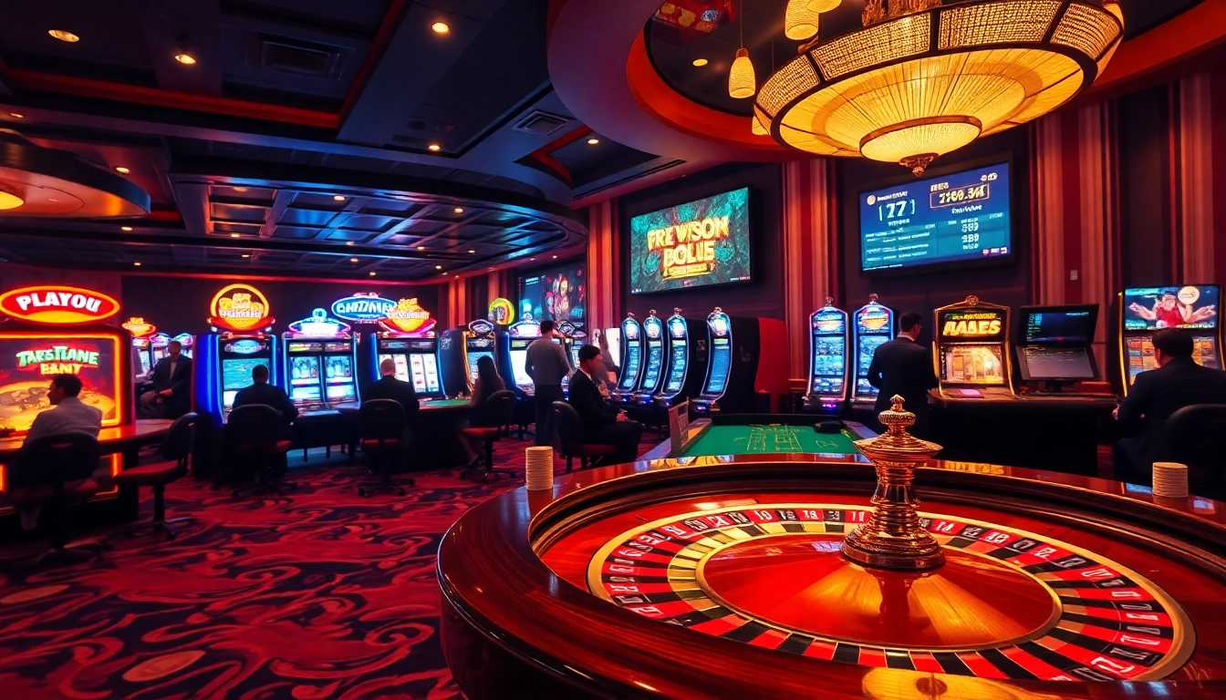 Exciting 789club casino scene with engaging players at roulette and slot machines.
