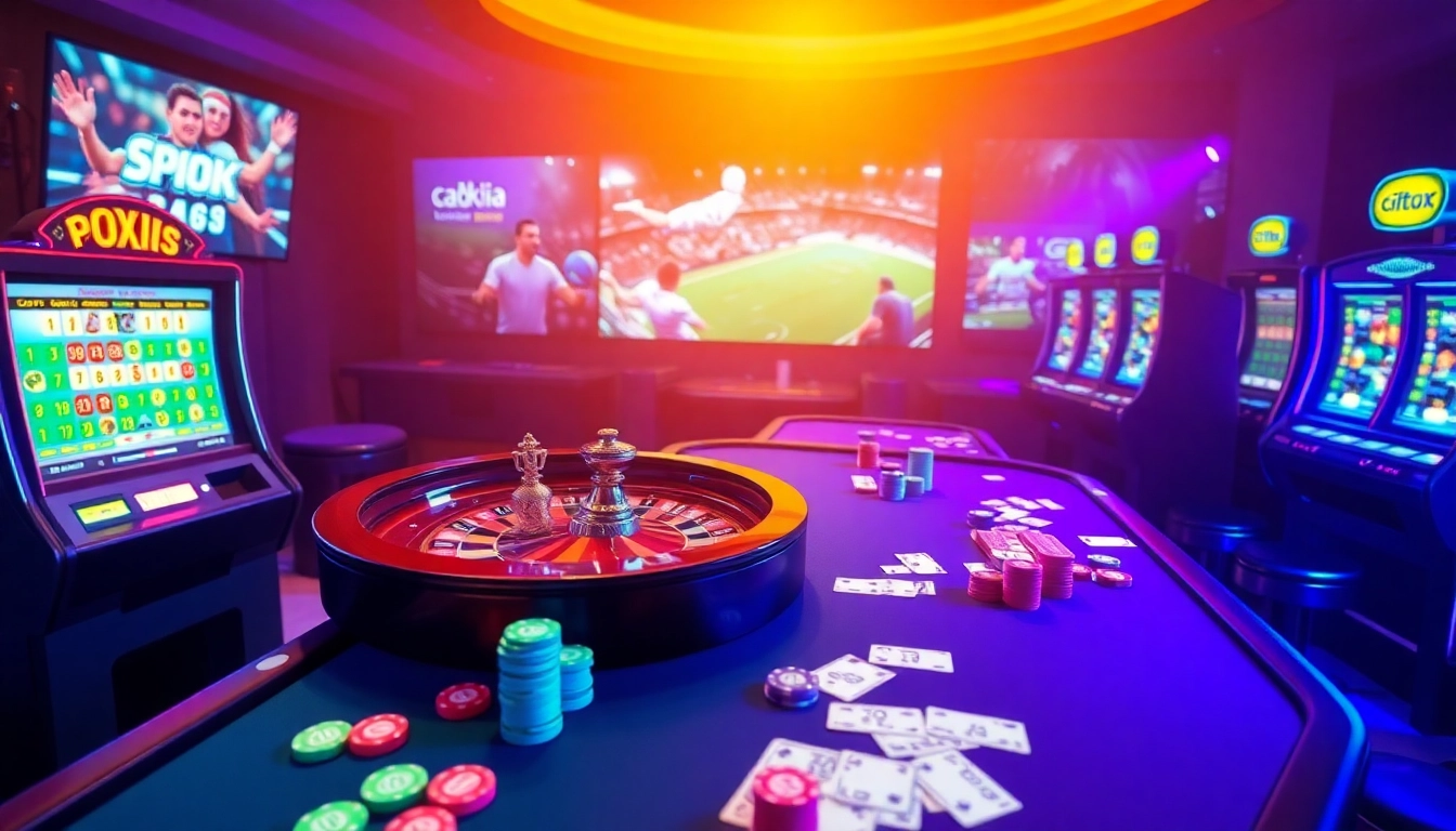 Cakhia tv showcases an engaging online gambling scene with casino tables, roulette wheels, and sports betting excitement.