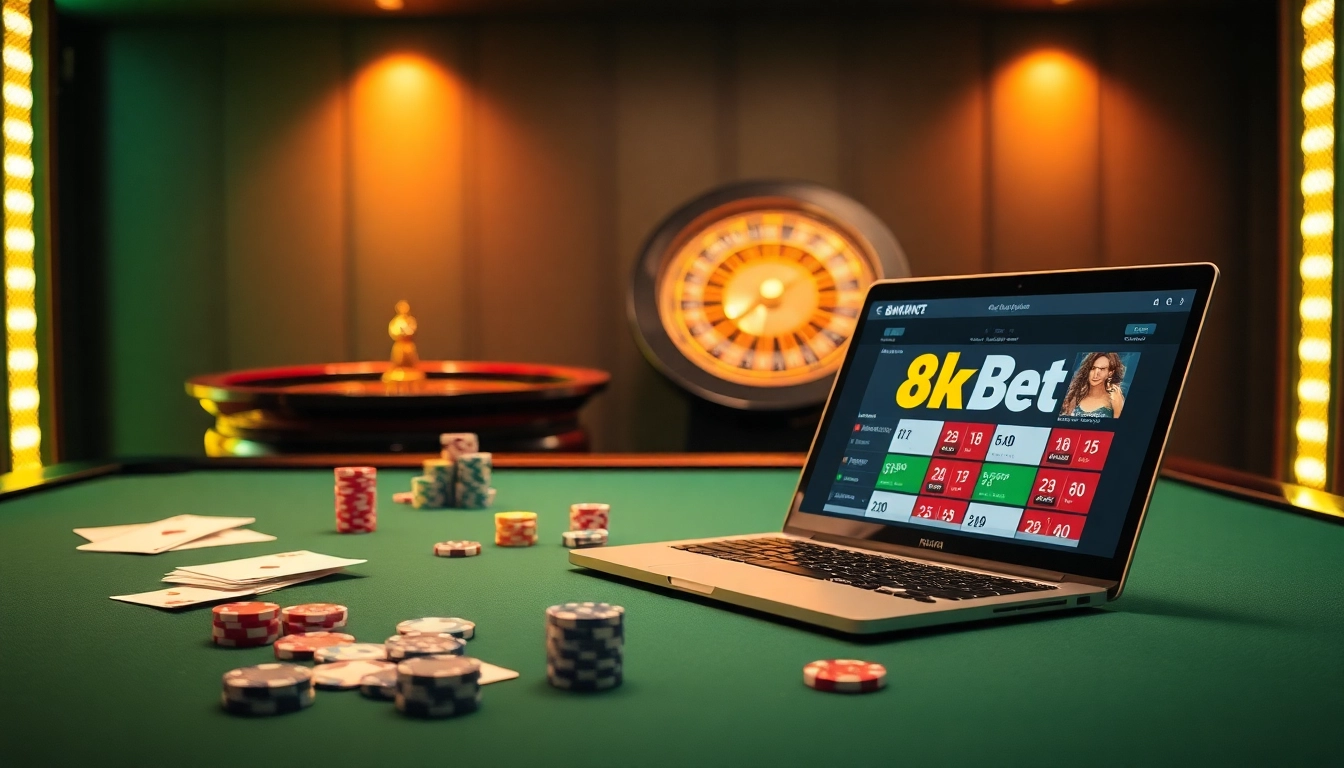 The excitement of a casino scene with 8kbet branding featuring poker chips and a roulette wheel in action.