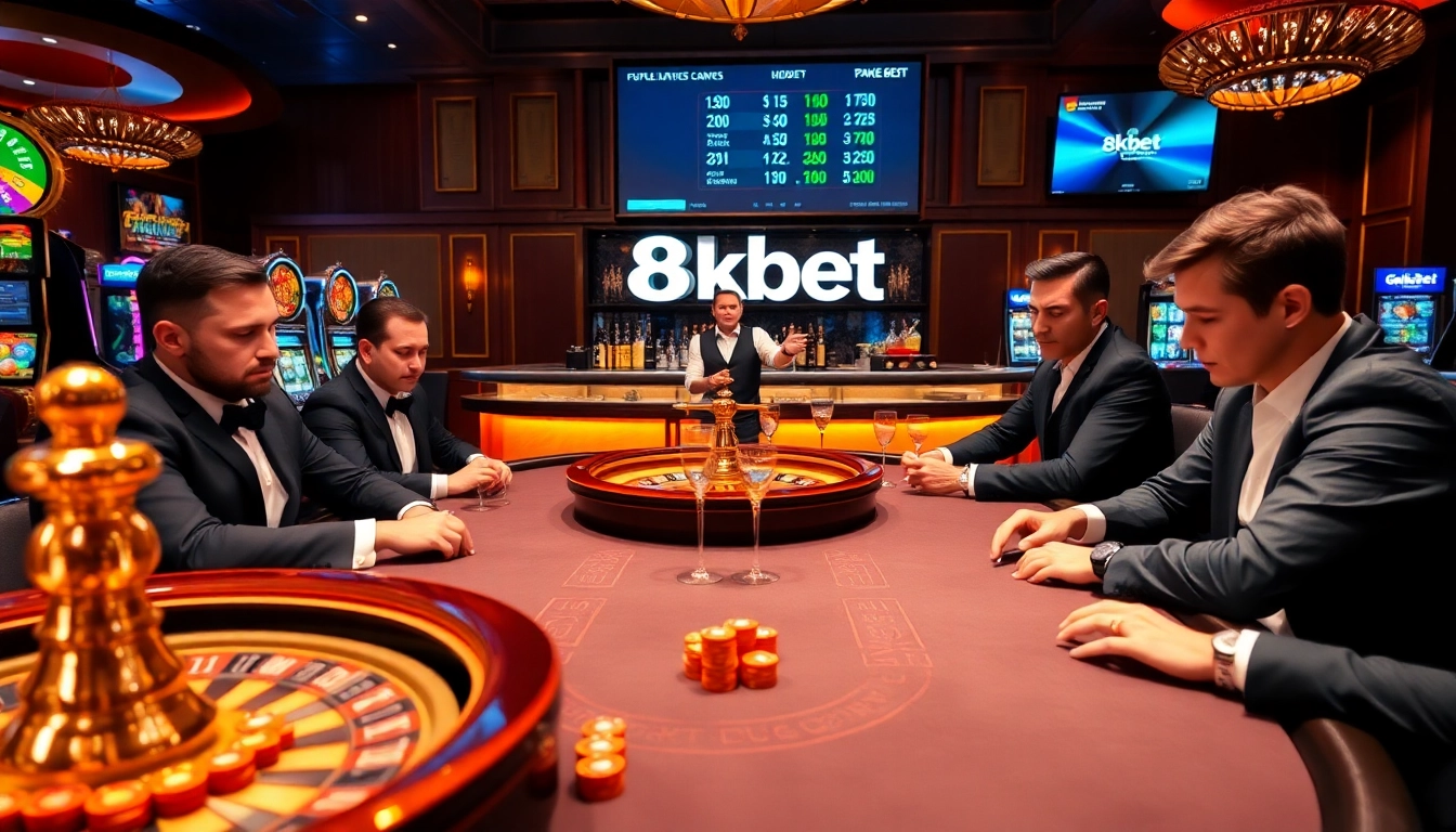 Experience the thrill of gambling at 8kbet with players strategizing at a colorful poker table.